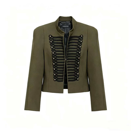Damen Cropped Blazer im Husarenstil mit Stehkragen, Zierkordeln und Messingknöpfen Nord Taschen