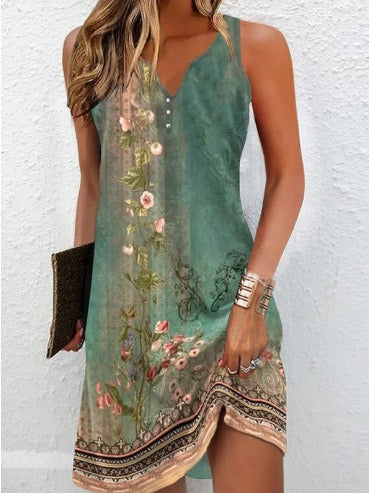 Damen, lässiges Sommerkleid mit V-Ausschnitt und asymmetrischem Saum