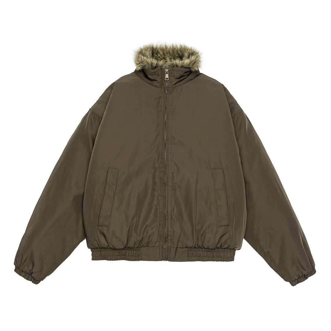 Damen Oversize wattierte Bomberjacke mit elastischem Saum und Kunstfellbesatz Nord Taschen