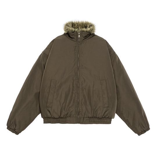 Damen Oversize wattierte Bomberjacke mit elastischem Saum und Kunstfellbesatz Nord Taschen