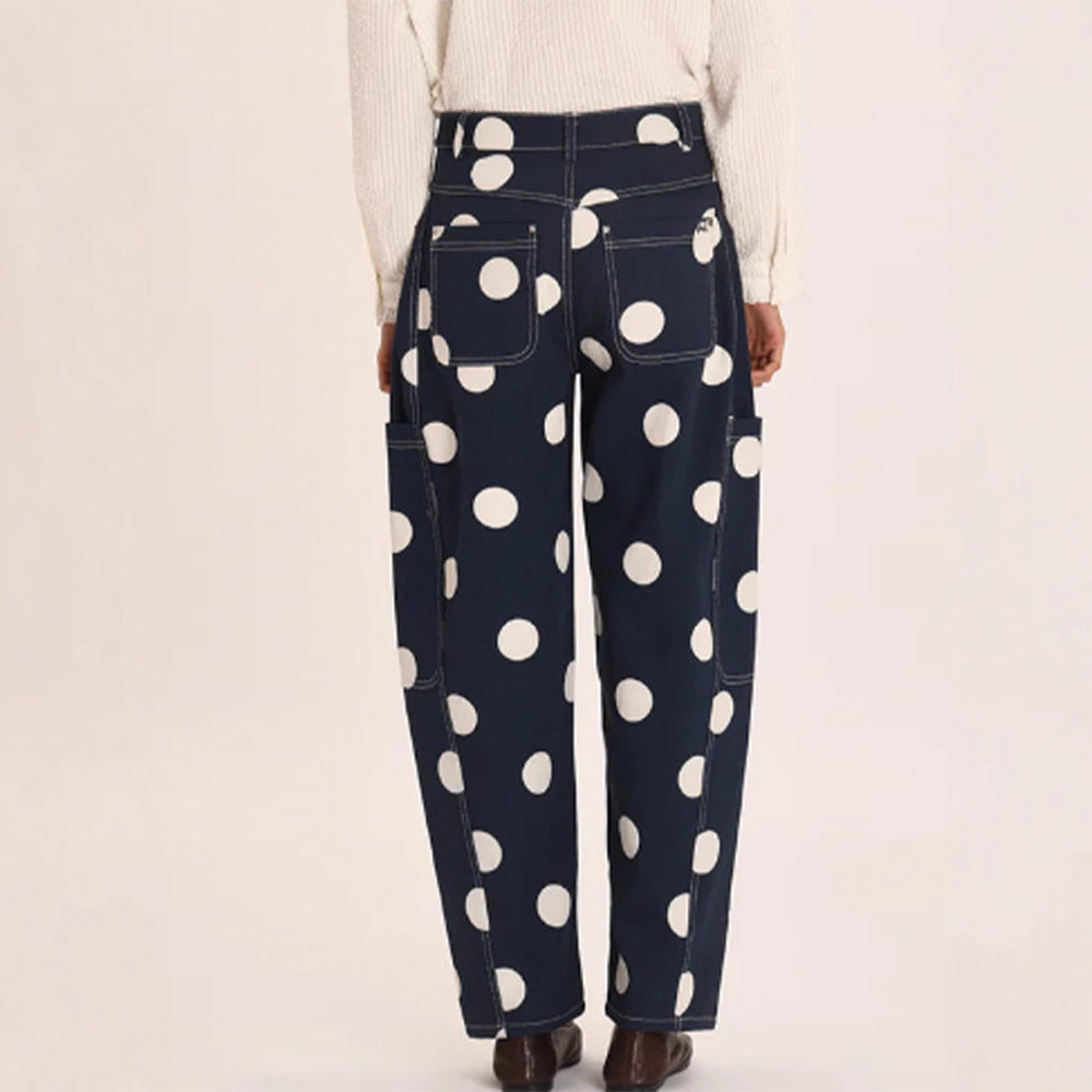Damen weite Cargo-Hose mit hoher Taille, Punkteprint und sichtbaren Kontrastnähten Nord Taschen
