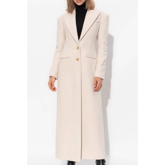 Damen lang geschnittener Wollmantel mit tailliertem Schnitt und goldenen Knöpfen Nord Taschen