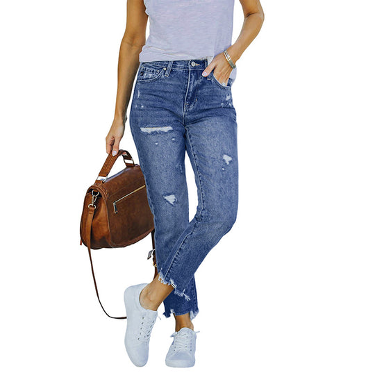 Damen High-Waist Jeans mit geradem Bein, Destroyed-Optik und rohem Saum Nord Taschen
