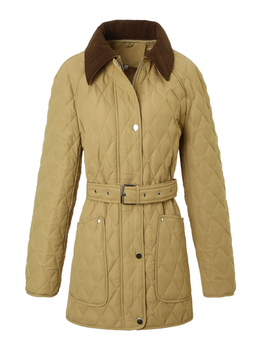 Damen Lange Steppjacke-Mantel mit tailliertem Gürtel und Kontrast-Cordkragen Nord Taschen