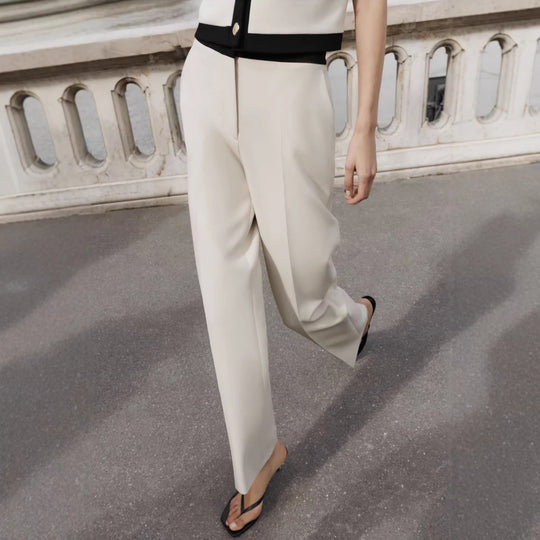 Damen Weiche High‑Waist Stoffhose mit elastischem Kontrastbund und geradem Bein Nord Taschen