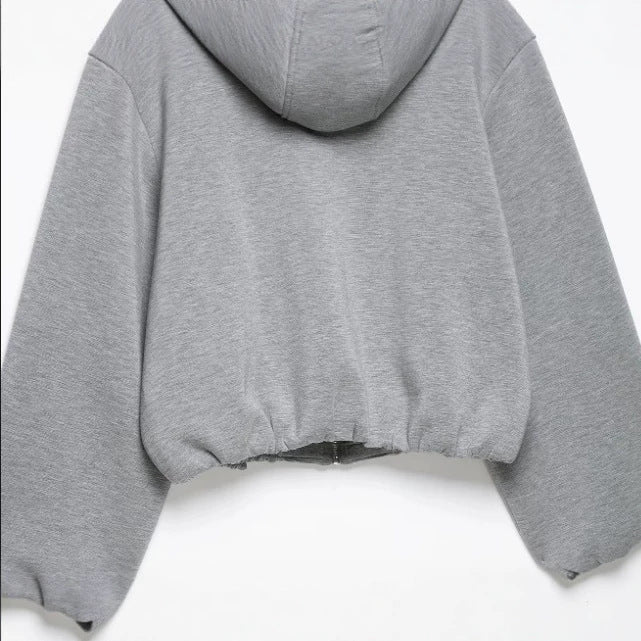 Damen Cropped Kapuzen‑Sweatjacke im Bomberstil mit Ballonärmeln Nord Taschen