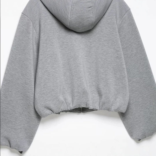 Damen Cropped Kapuzen‑Sweatjacke im Bomberstil mit Ballonärmeln Nord Taschen