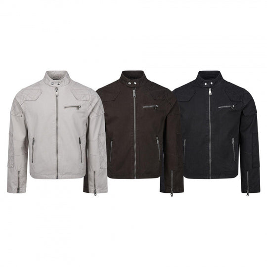 Herren Kurz geschnittene Biker‑inspirierte Baumwolljacke mit Stehkragen, Quilt‑Einsätzen und Reißverschlusstaschen Nord Taschen