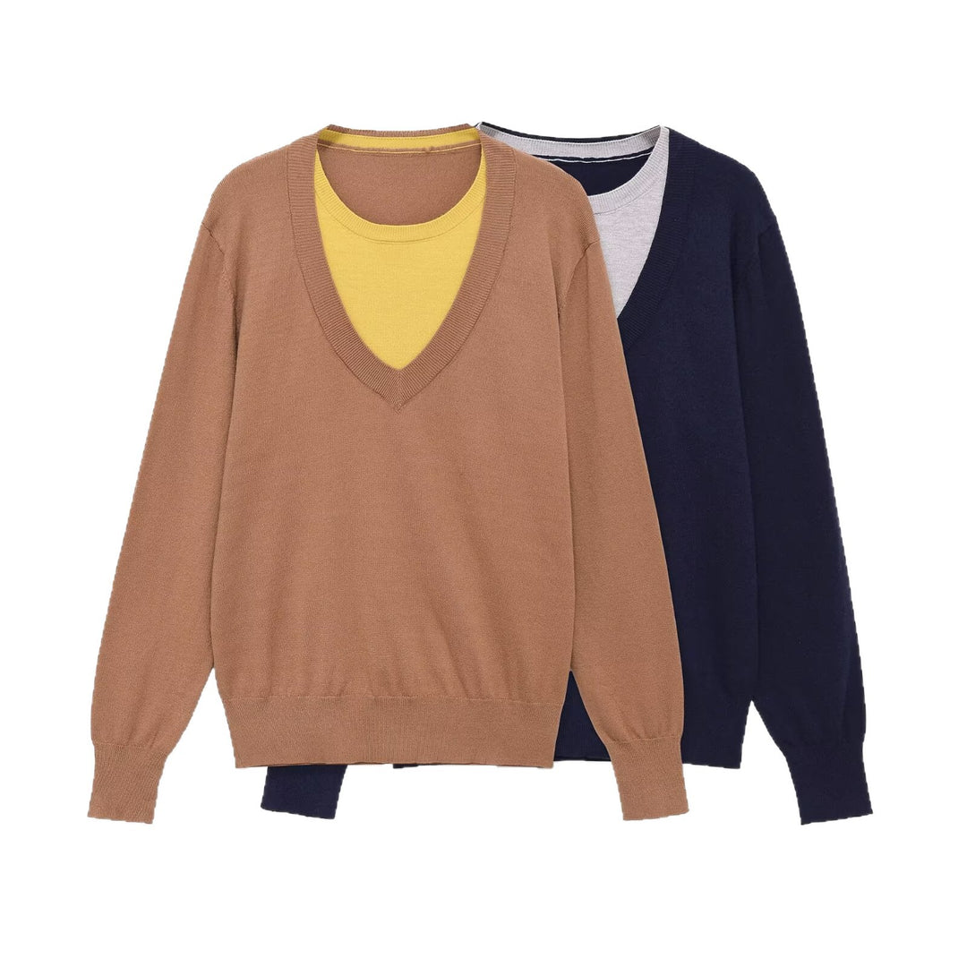 Damen Feiner V-Ausschnitt-Strickpullover mit integriertem Kontrast-Layer Nord Taschen