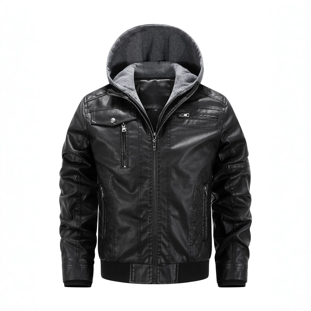 Herren Kunstleder-Bikerjacke mit abnehmbarer Kapuzenblende und gesteppter Seitenpartie Nord Taschen