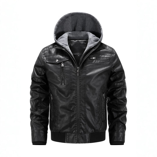 Herren Kunstleder-Bikerjacke mit abnehmbarer Kapuzenblende und gesteppter Seitenpartie Nord Taschen