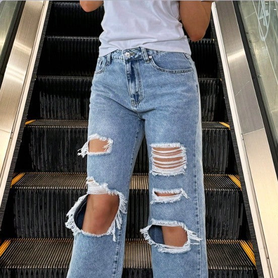 Damen High‑Waist Baggy-Jeans mit großflächigen Knie-Rips und geradem Bein Nord Taschen