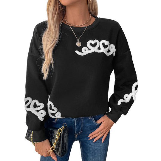 Damen Lässiges Oversize‑Sweatshirt mit Chenille‑Herzapplikation, Rundhalsausschnitt und gerippten Bündchen Nord Taschen