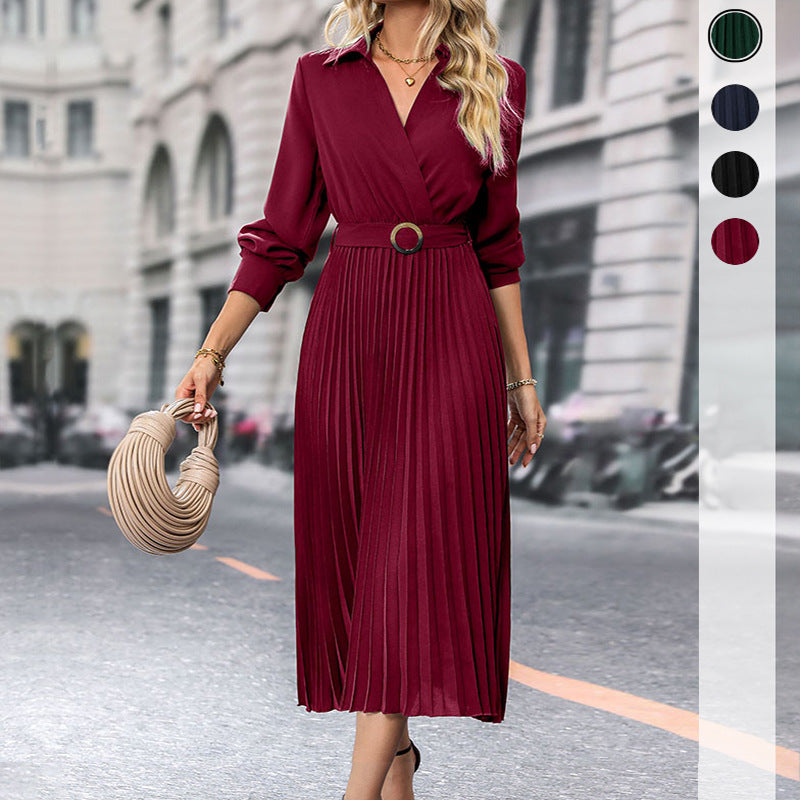 Damen Midi-Faltenkleid mit Wickeloberteil, Taillengürtel und Plissee-Rock Nord Taschen