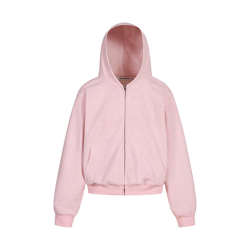 Damen Kurz geschnittene Kapuzen-Sweatjacke mit kurzem Bund, Streifenstruktur und Reißverschluss Nord Taschen