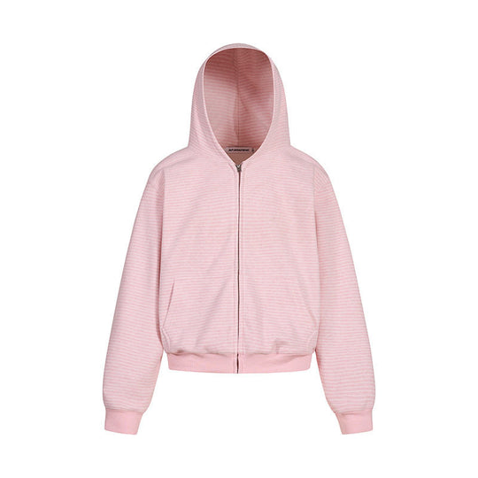 Damen Kurz geschnittene Kapuzen-Sweatjacke mit kurzem Bund, Streifenstruktur und Reißverschluss Nord Taschen