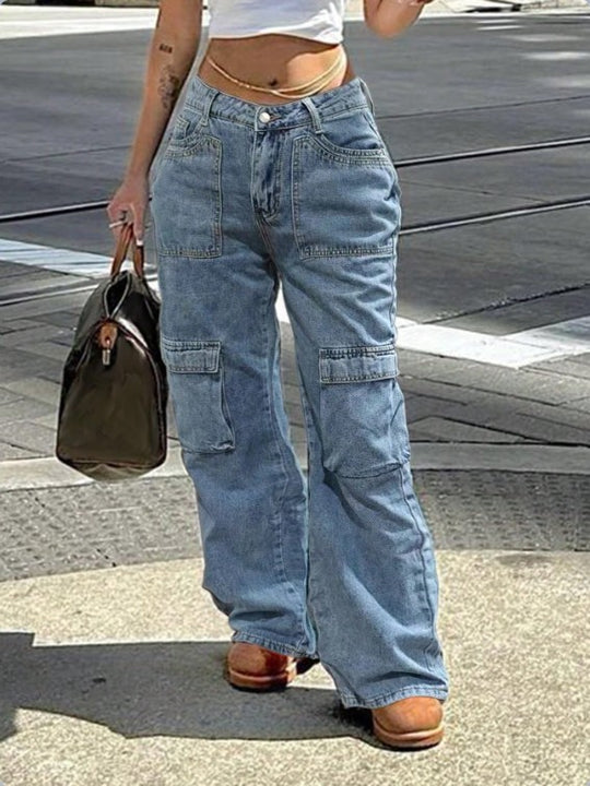 Damen Hochbundweite Cargo-Denimhose mit Utility-Taschen Nord Taschen