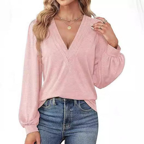Damen lässiges V-Ausschnitt Shirt mit Puffärmeln und eleganter Raffung Nord Taschen