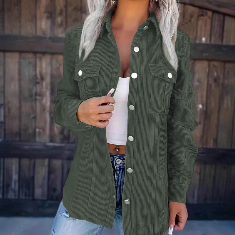 Damen Cord-Hemdjacke im Shacket-Stil mit Druckknopf-Leiste und Brusttaschen Nord Taschen