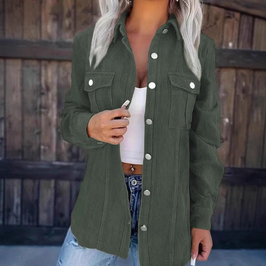 Damen Cord-Hemdjacke im Shacket-Stil mit Druckknopf-Leiste und Brusttaschen Nord Taschen