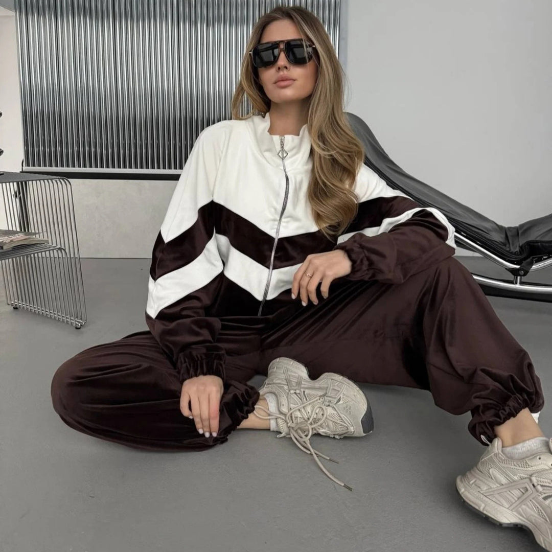 Damen Retro-inspiriertes Samt-Trackset mit Chevron-Design, Stehkragen und weiter High-Waist-Jogger Nord Taschen