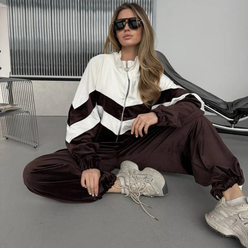 Damen Retro-inspiriertes Samt-Trackset mit Chevron-Design, Stehkragen und weiter High-Waist-Jogger Nord Taschen