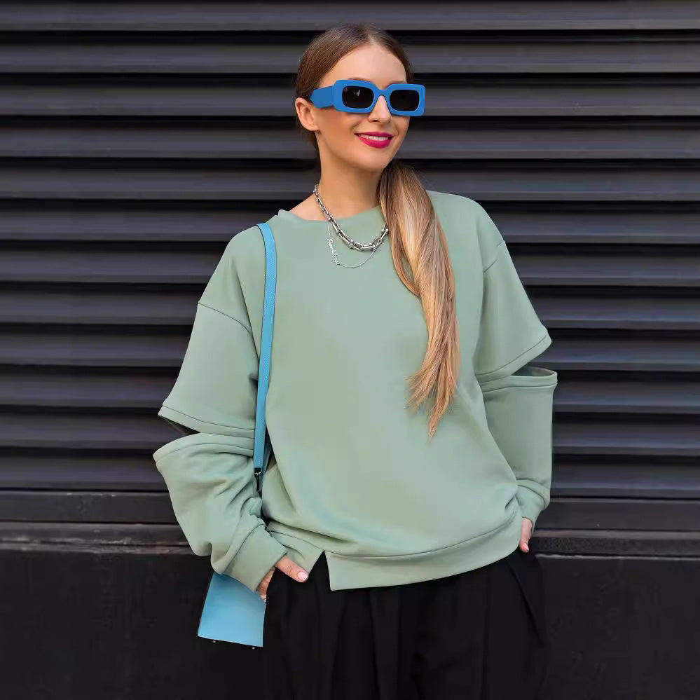 Damen Oversized Sweatshirt mit Layer-Ärmeln und seitlichem Schlitz Nord Taschen
