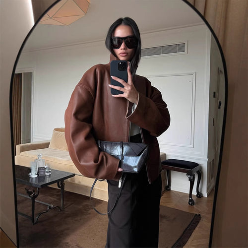 Damen Oversized Lederblouson mit soften Teddy-Innenfutter und Verdeckt-Reißverschluss Nord Taschen