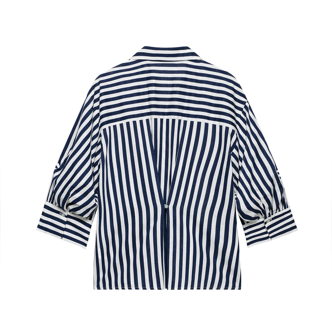 Damen Oversized Hemdbluse mit maritimem Nadelstreifen und dreiviertellangen Ballonärmeln Nord Taschen