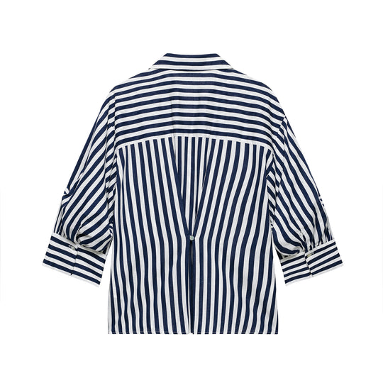 Damen Oversized Hemdbluse mit maritimem Nadelstreifen und dreiviertellangen Ballonärmeln Nord Taschen