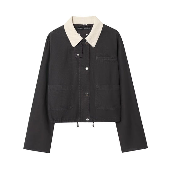 Damen Cropped-Workjacke mit Cordkragen, aufgesetzten Taschen und Tunnelzug Nord Taschen