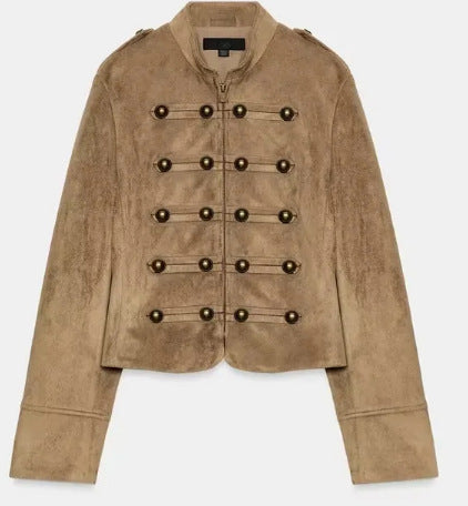 Damen Cropped Velourslederblouson im Military‑Look mit dekorativer Paradeknopfleiste Nord Taschen