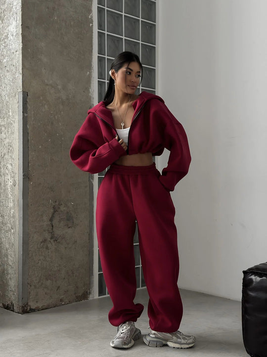 Damen kurzes Oversize-Scuba-Zip-Hoodie mit Tunnelzug und figurformender High-Waist-Jogginghose Nord Taschen