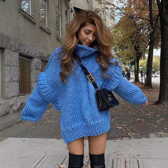 Damen Oversize Grobstrickpullover mit hohem Rollkragen Nord Taschen