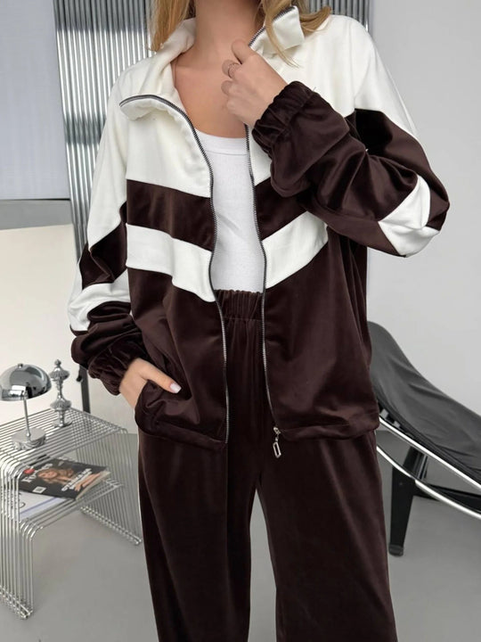 Damen Retro-inspiriertes Samt-Trackset mit Chevron-Design, Stehkragen und weiter High-Waist-Jogger Nord Taschen
