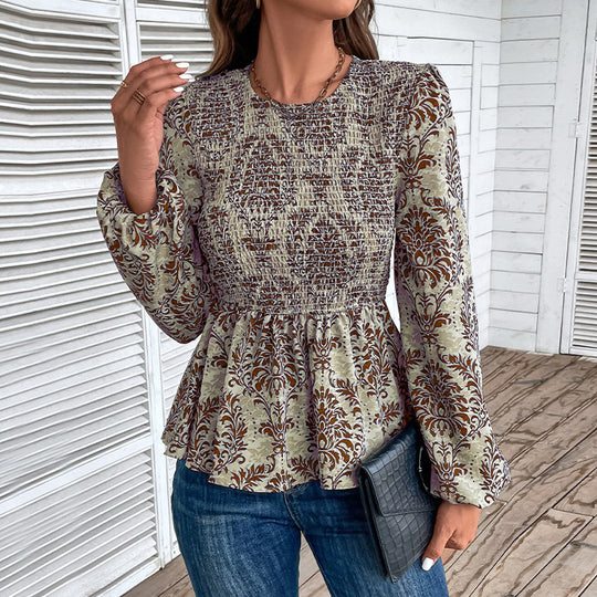 Damen Smock-Bluse mit Raffung, Ballonärmeln und Ornament-Print Nord Taschen