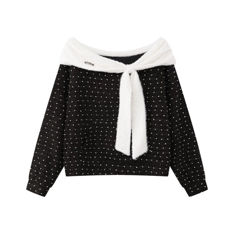Damen Kuscheliger Strickpullover mit großem Faux-Fur-Schalkragen und Kängurutasche Nord Taschen