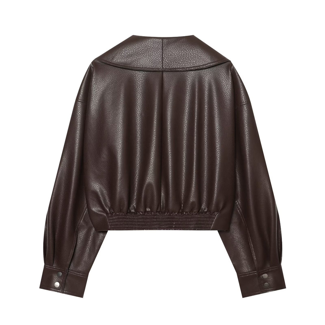 Damen Cropped Lederoptik-Blouson mit übergroßem Schalkragen und asymmetrischem Taillengürtel Nord Taschen