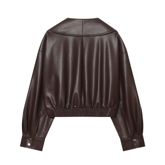 Damen Cropped Lederoptik-Blouson mit übergroßem Schalkragen und asymmetrischem Taillengürtel Nord Taschen