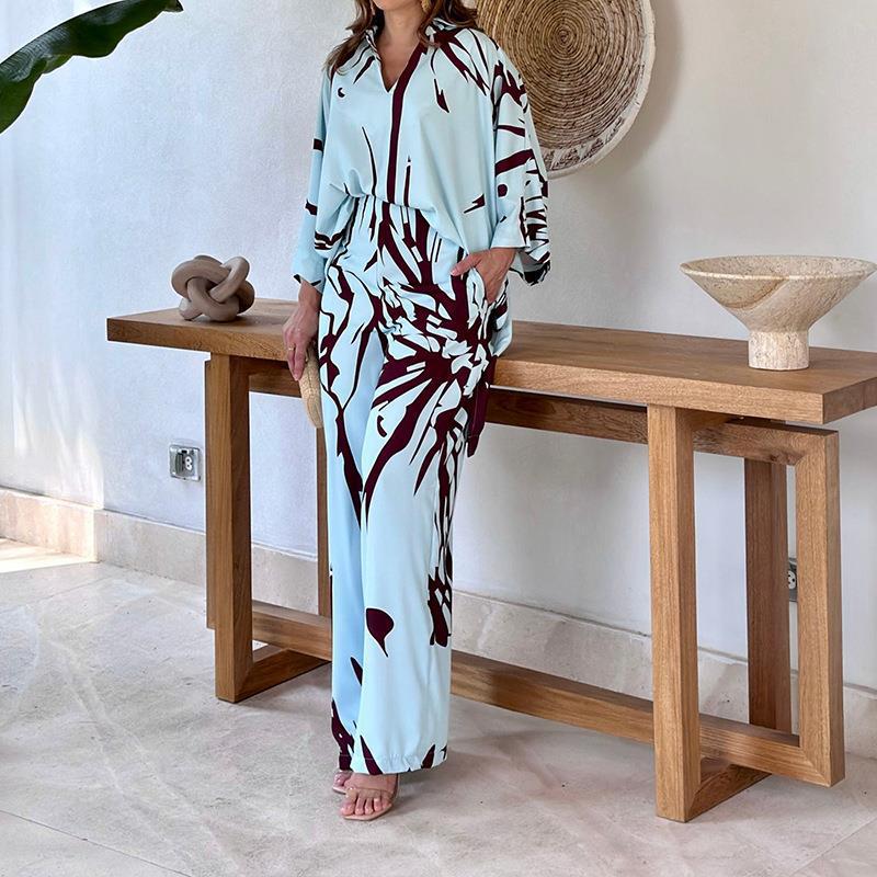 Damen Gemustertes Kimono-Lounge-Set mit weitem Palazzohose aus leichtem Viskose-Mix Nord Taschen