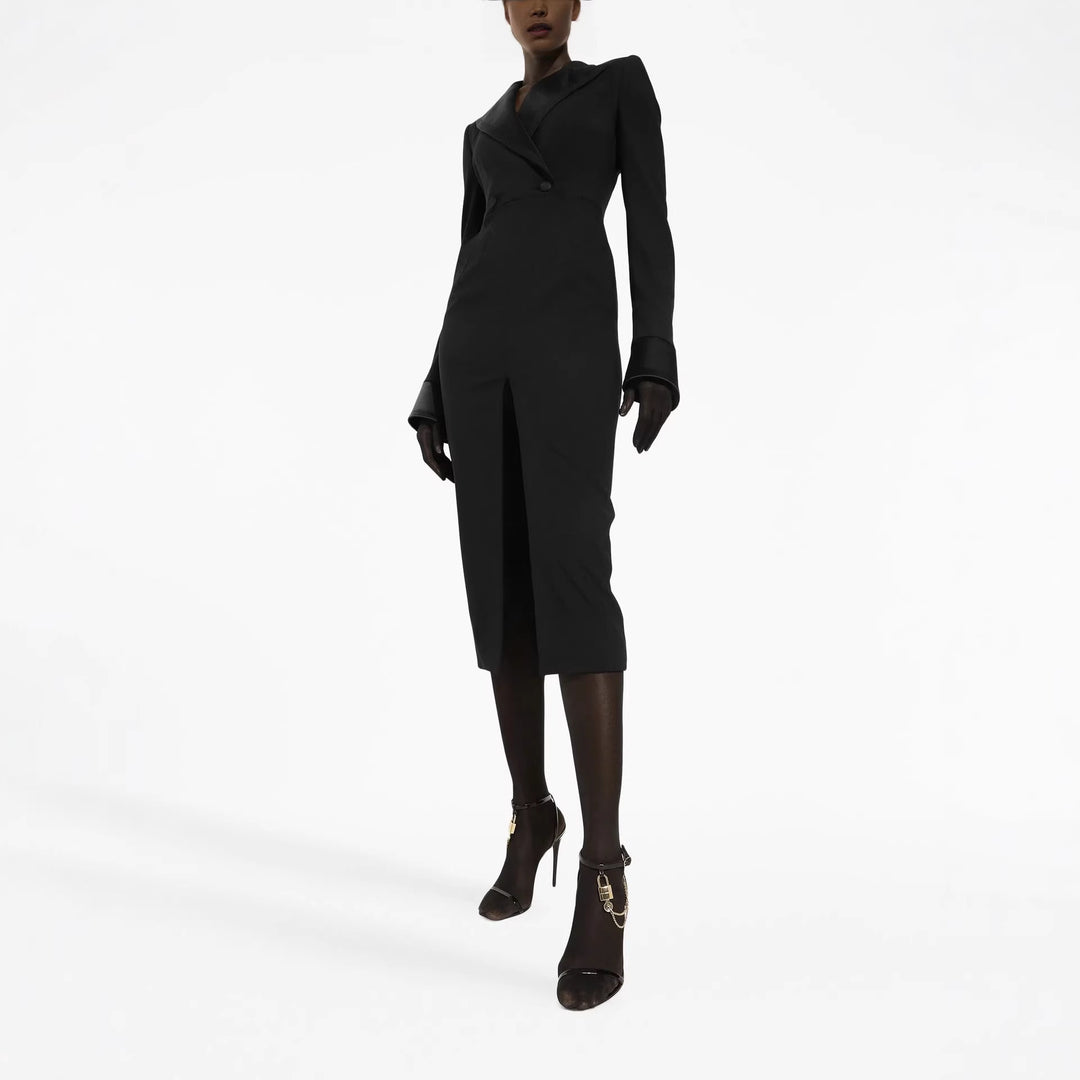 Damen Tailliertes Blazerkleid im Longcut mit Satinrevers und Frontschlitz Nord Taschen