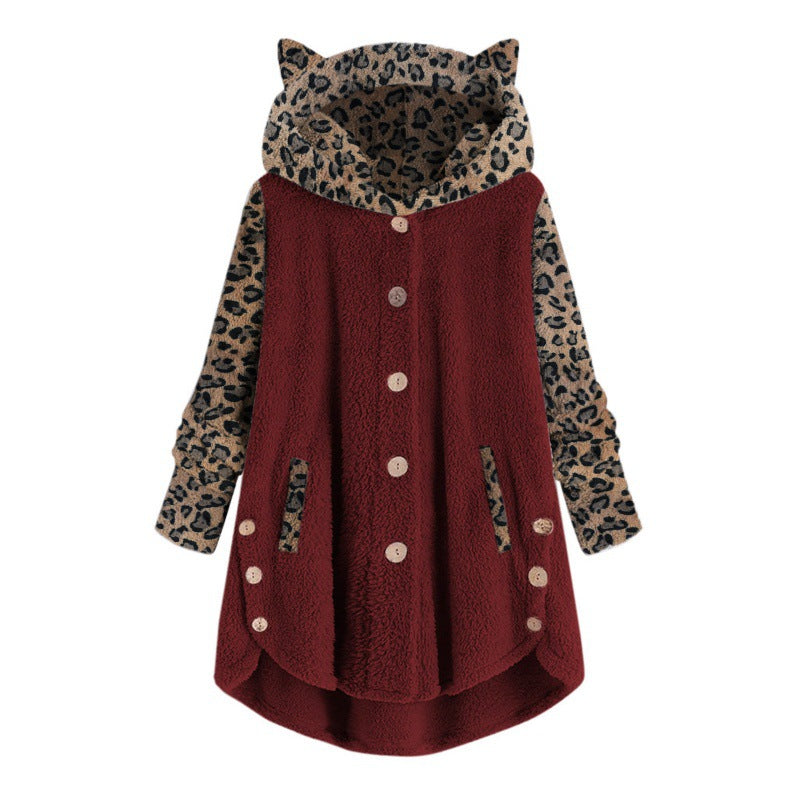 Damen Teddy‑Mantel mit Kapuze Knopfleiste und kontrastierenden Leopardenärmeln Nord Taschen