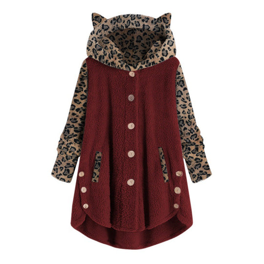 Damen Teddy‑Mantel mit Kapuze Knopfleiste und kontrastierenden Leopardenärmeln Nord Taschen