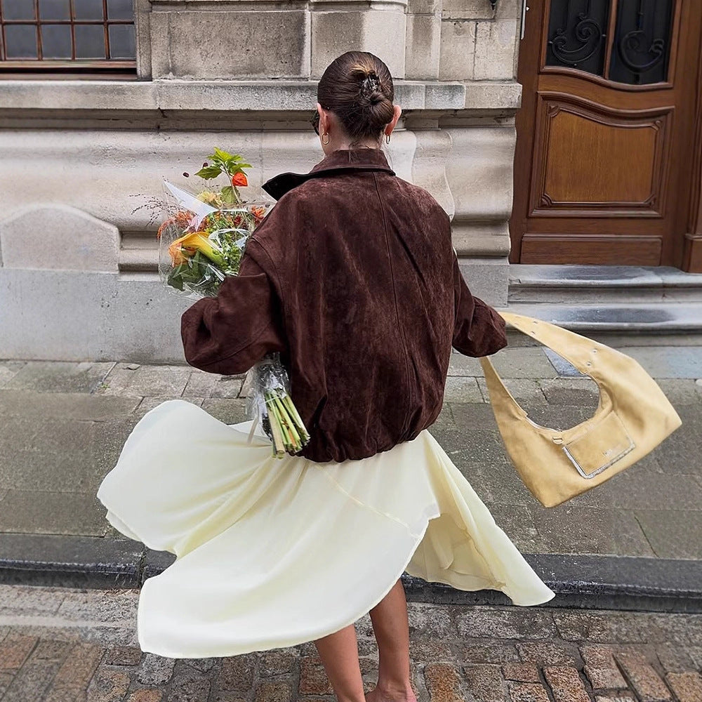 Damen Kurz geschnittener Veloursleder-Blouson mit hohem Stehkragen, kastiger Oversize‑Silhouette und verdecktem Reißverschluss Nord Taschen