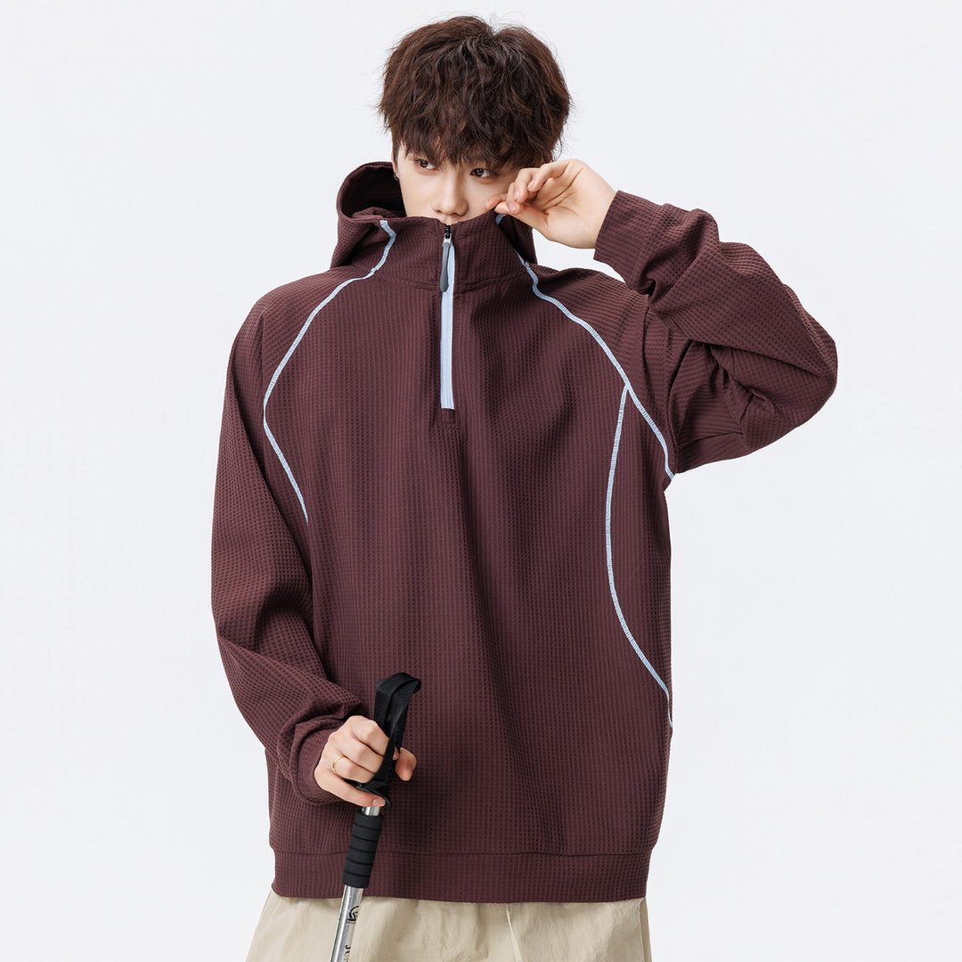 Unisex Oversize Waffelstruktur-Halbzip-Hoodie mit Raglanärmeln und Kontrastpaspeln Nord Taschen