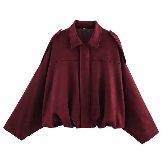 Damen Kurz geschnittene Oversize-Suèdejacke mit Schulterklappen und elastischem Saum Nord Taschen