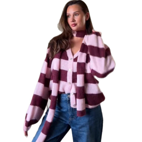 Damen Oversize Strickcardigan-Set mit Blockstreifen, Knopfleiste und passendem Schal Nord Taschen