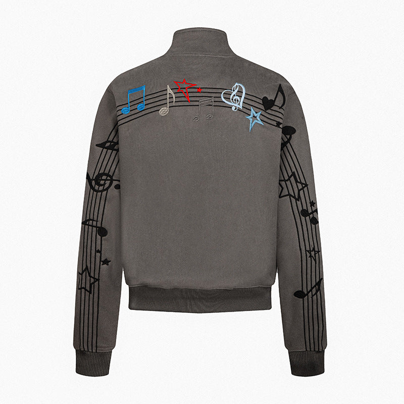 Damen Kurz geschnittene Stehkragen‑Sweatjacke mit Noten- und Stern-Stickerei Nord Taschen