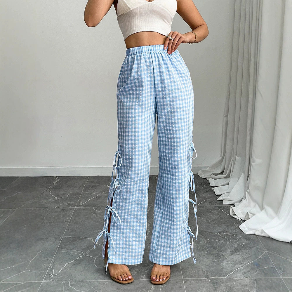Damen High‑Waist Leinenoptik-Hose mit Gingham-Karo, weitem Bein & seitlichen Bändchen-Details Nord Taschen