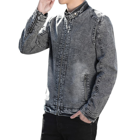 Herren Slim-Fit gewaschene Denim-Jacke mit Stehkragen und Reißverschluss Nord Taschen